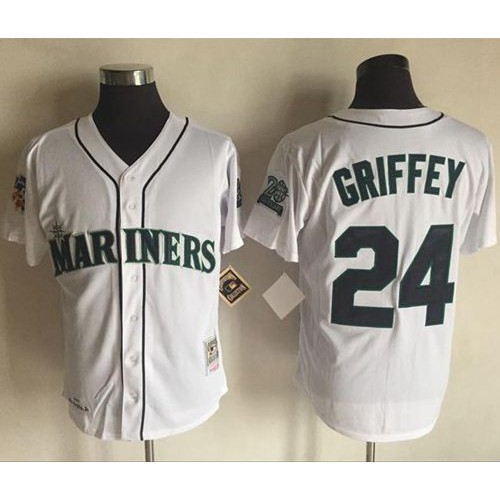 Mitchell And Ness 1997 Seattle Mariners #24 Ken Griffey White Throwback Stitched Jersey Men's