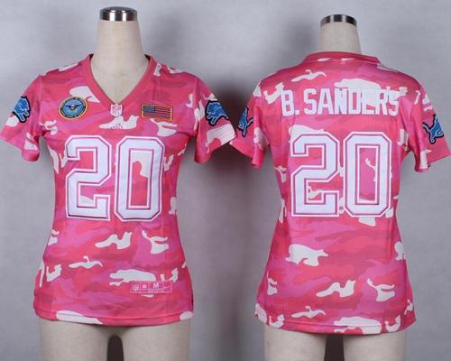 Lions #20 Barry Sanders Pink Women's Stitched Elite Camo Fashion Jersey