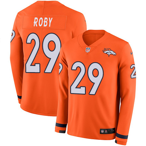 Denver Broncos #29 Bradley Roby Orange Team Color Men's Stitched Limited Therma Long Sleeve Jersey Men's
