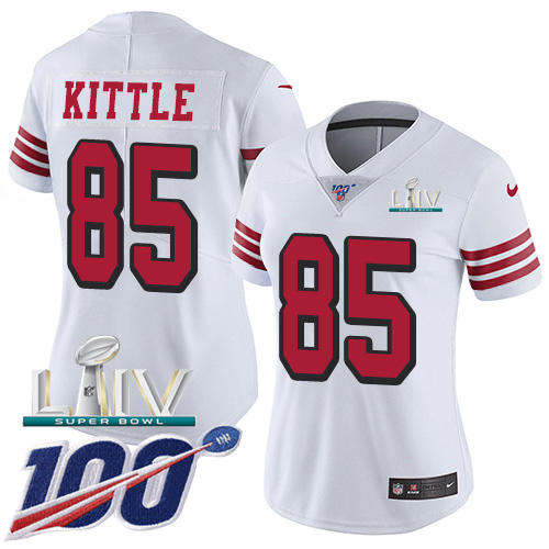 49ers #85 George Kittle White Super Bowl LIV 2020 Rush Women's Stitched Limited 100th Season Jersey