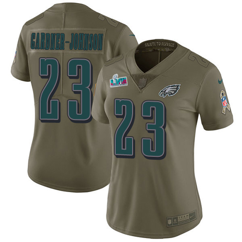 Eagles #23 C.J. Gardner-Johnson Olive Super Bowl LVII Patch Women's Stitched Limited 2017 Salute To Service Jersey