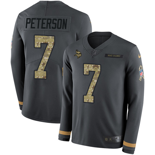 Minnesota Vikings #7 Patrick Peterson Anthracite Salute to Service Men's Stitched Limited Therma Long Sleeve Jersey Men's