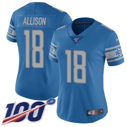 Detroit Lions #18 Geronimo Allison Blue Team Color Women's Stitched 100th Season Vapor Untouchable Limited Jersey Womens