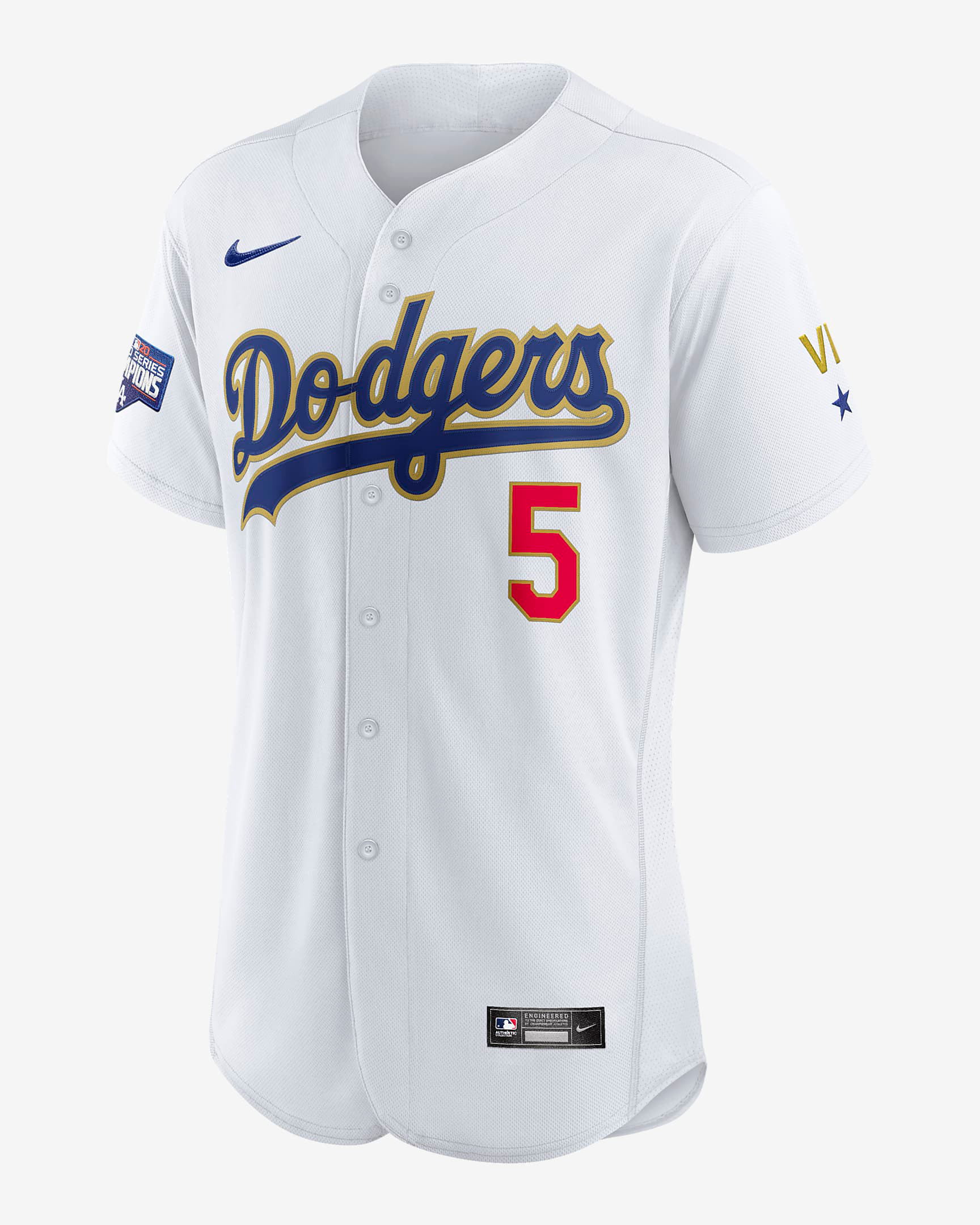 Los Angle Dodgers #5 Corey Seager Men's White 2020 World Series Champions Gold Authentic Baseball Jersey