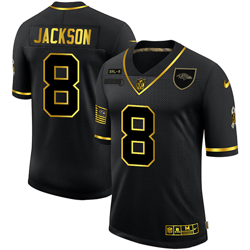 Baltimore Ravens #8 Lamar Jackson Men's 2020 Salute To Service Golden Limited Jersey Black