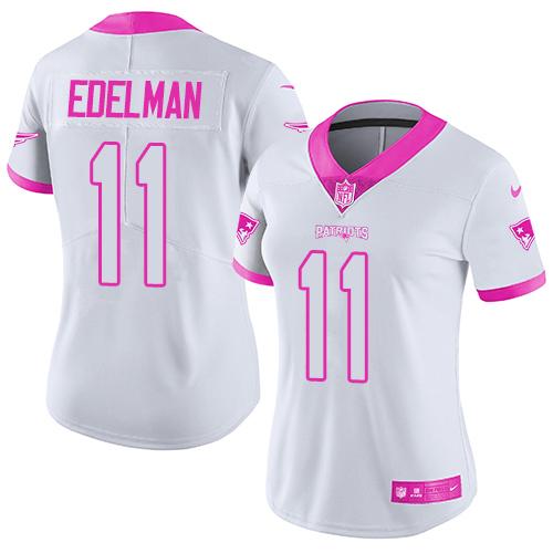 Patriots #11 Julian Edelman White/Pink Women's Stitched Limited Rush Fashion Jersey