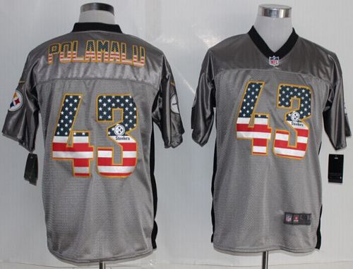 Steelers #43 Troy Polamalu Grey Men's Stitched Elite USA Flag Fashion Jersey