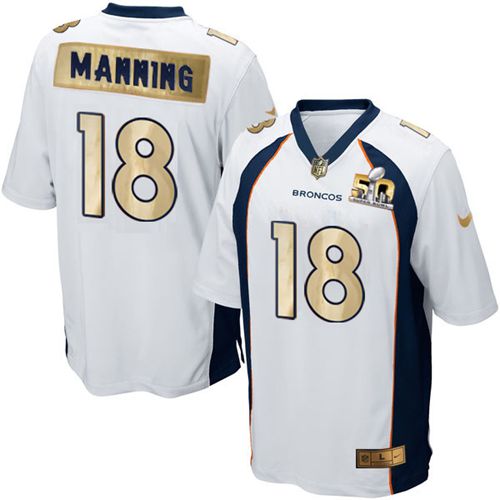 Broncos #18 Peyton Manning White Men's Stitched Game Super Bowl 50 Collection Jersey