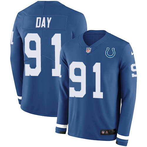 Indianapolis Colts #91 Sheldon Day Royal Blue Team Color Men's Stitched Limited Therma Long Sleeve Jersey Men's