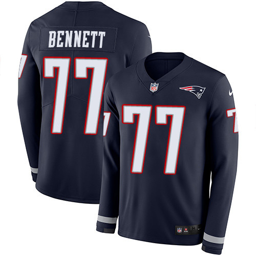 New England Patriots #77 Michael Bennett Navy Blue Team Color Men's Stitched Limited Therma Long Sleeve Jersey Men's