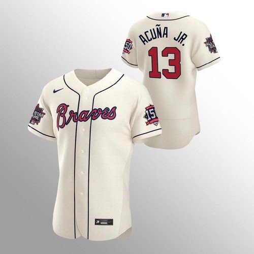 Atlanta Atlanta Braves #13 Ronald Acuna Jr. Men's 150th Anniversary 2021 World Series Authentic Jersey - Cream Men's