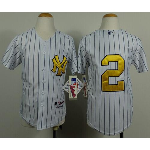 New York Yankees #2 Derek Jeter White Stitched Youth Fashion Gold Jersey Youth