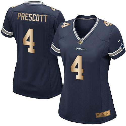 Cowboys #4 Dak Prescott Navy Blue Team Color Women's Stitched Elite Gold Jersey
