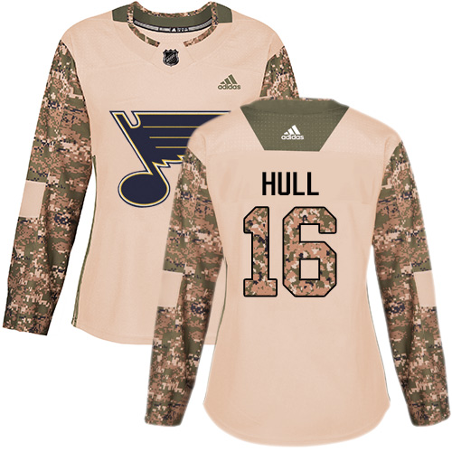 Adidas St. Louis Blues #16 Brett Hull Camo Authentic 2017 Veterans Day Women's Stitched Jersey Womens