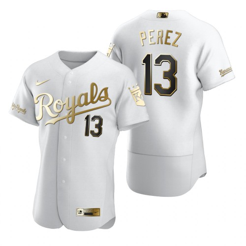 Kansas City Kansas City Royals #13 Salvador Perez White Men's Authentic Golden Edition Jersey Men's