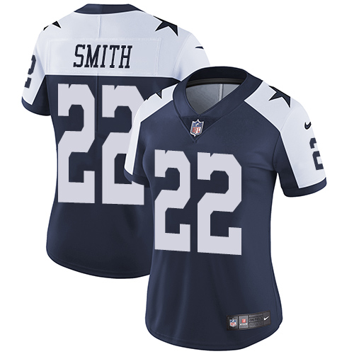 Cowboys #22 Emmitt Smith Navy Blue Thanksgiving Women's Stitched Vapor Untouchable Limited Throwback Jersey
