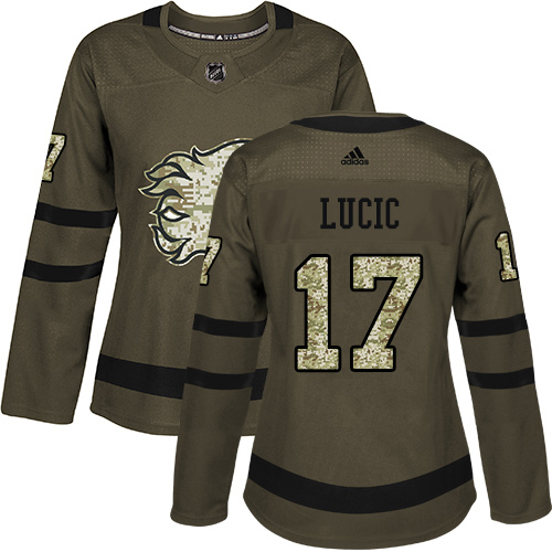 Adidas Calgary Flames #17 Milan Lucic Green Salute to Service Women's Stitched Jersey Womens