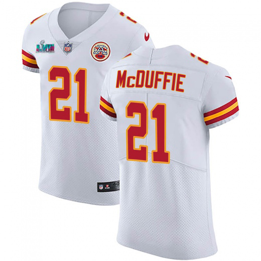 Chiefs #21 Trent McDuffie White Super Bowl LVII Patch Men's Stitched Vapor Untouchable Elite Jersey