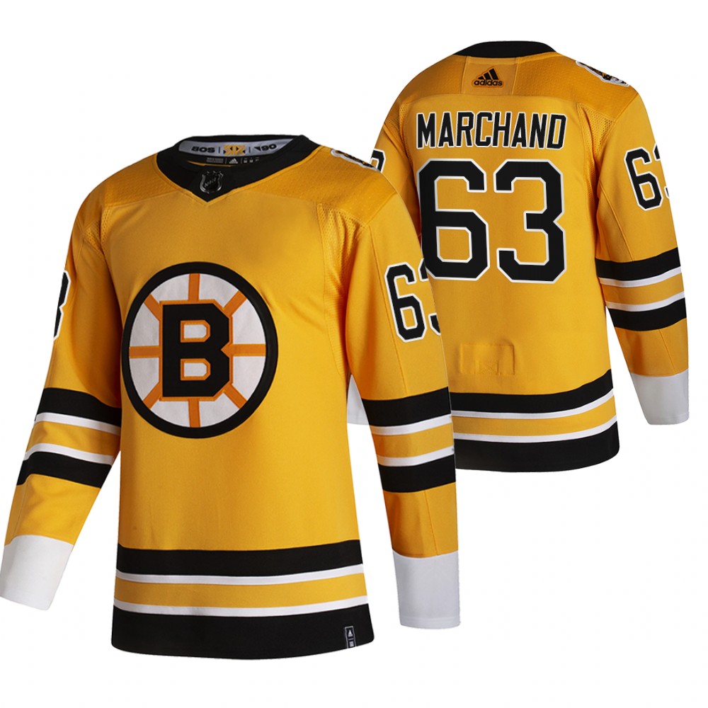 Boston Bruins #63 Brad Marchand Yellow Men's Adidas 2020-21 Reverse Retro Alternate Jersey