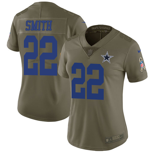 Cowboys #22 Emmitt Smith Olive Women's Stitched Limited 2017 Salute To Service Jersey