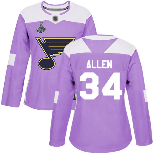 Adidas St. Louis Blues #34 Jake Allen Purple Authentic Fights Cancer Stanley Cup Champions Women's Stitched Jersey Womens