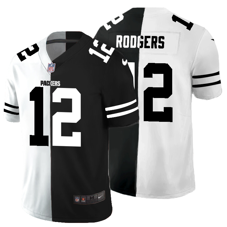 Green Bay Packers #12 Aaron Rodgers Men's Black V White Peace Split Vapor Untouchable Limited Jersey