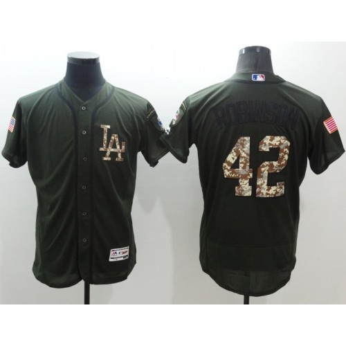 Los Angeles Dodgers #42 Jackie Robinson Green Flexbase Authentic Collection Salute to Service Stitched Jersey Men's