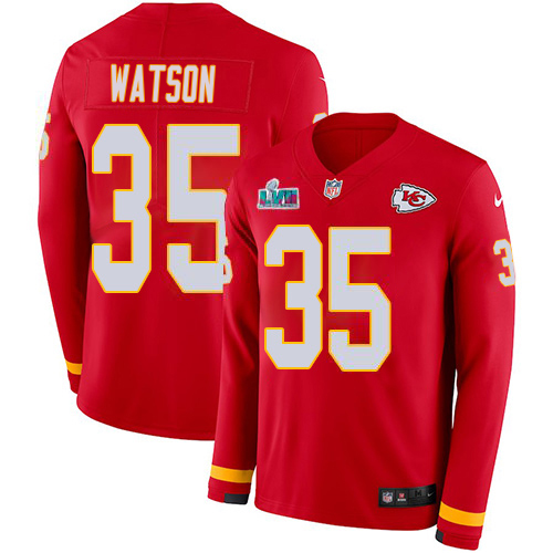 Chiefs #35 Jaylen Watson Red Team Color Super Bowl LVII Patch Youth Stitched Limited Therma Long Sleeve Jersey