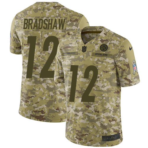 Steelers #12 Terry Bradshaw Camo Youth Stitched Limited 2018 Salute To Service Jersey
