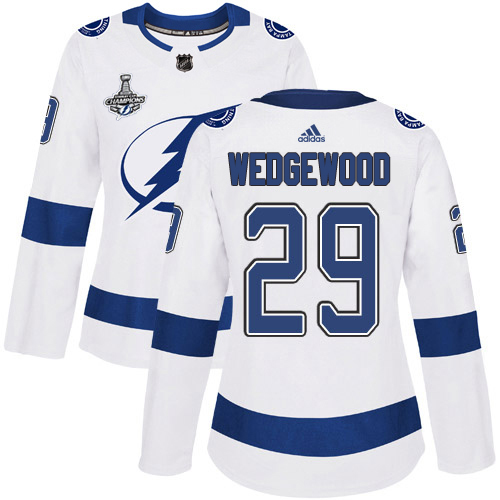 Adidas Tampa Bay Lightning #29 Scott Wedgewood White Road Authentic Women's 2020 Stanley Cup Champions Stitched Jersey Womens