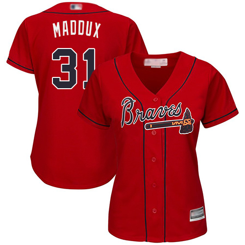 Atlanta Braves #31 Greg Maddux Red Alternate Women's Stitched Jersey Womens