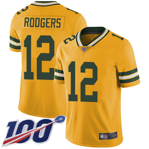 Packers #12 Aaron Rodgers Yellow Youth Stitched Limited Rush 100th Season Jersey