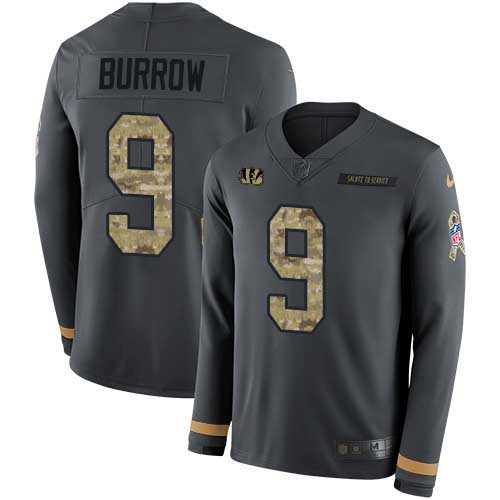 Bengals #9 Joe Burrow Anthracite Salute To Service Men's Stitched Limited Therma Long Sleeve Jersey