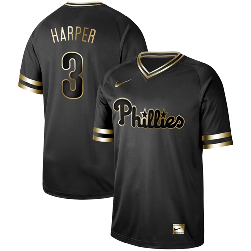 Philadelphia Phillies #3 Bryce Harper Black Gold Authentic Stitched Jersey Men's