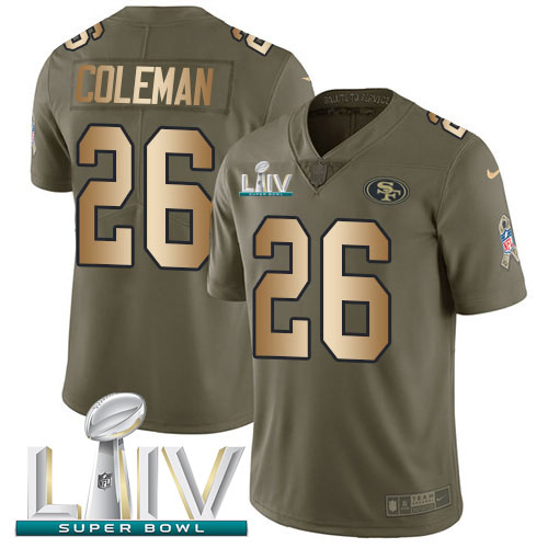 San Francisco 49ers #26 Tevin Coleman Olive/Gold Super Bowl LIV 2020 Men's Stitched Limited 2017 Salute To Service Jersey Men's