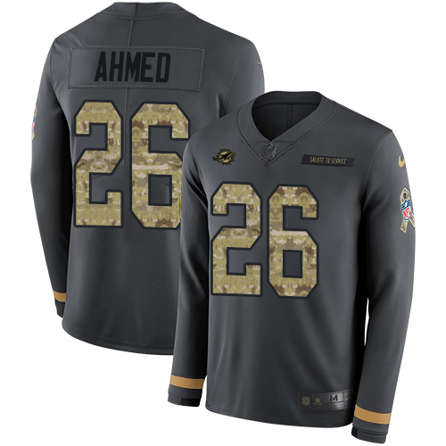 Miami Dolphins #26 Salvon Ahmed Anthracite Salute to Service Men's Stitched Limited Therma Long Sleeve Jersey Men's