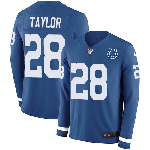 Colts #28 Jonathan Taylor Royal Blue Team Color Men's Stitched Limited Therma Long Sleeve Jersey