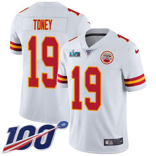 Chiefs #19 Kadarius Toney White Super Bowl LVII Patch Youth Stitched 100th Season Vapor Limited Jersey