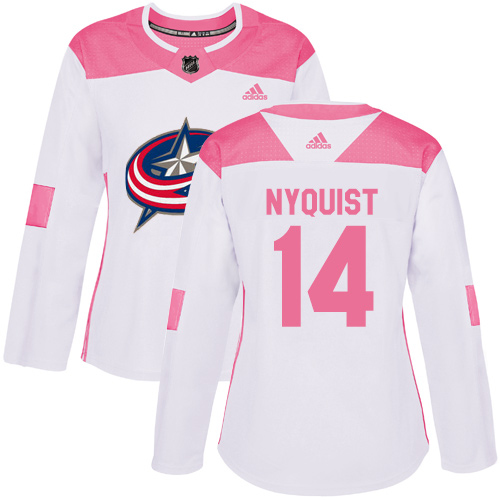 Adidas Columbus Blue Jackets #14 Gustav Nyquist White/Pink Authentic Fashion Women's Stitched Jersey Womens