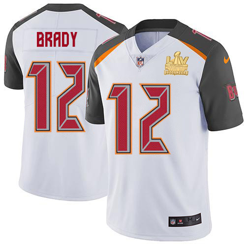 Buccaneers #12 Tom Brady White Men's Super Bowl LV Champions Patch Stitched Vapor Untouchable Limited Jersey