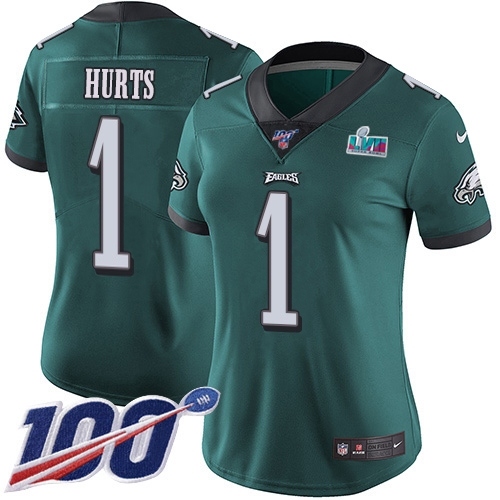 Eagles #1 Jalen Hurts Green Team Color Super Bowl LVII Patch Women's Stitched 100th Season Vapor Limited Jersey