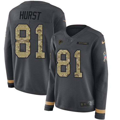 Atlanta Falcons #81 Hayden Hurst Anthracite Salute to Service Women's Stitched Limited Therma Long Sleeve Jersey Womens