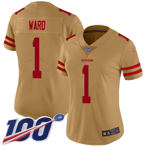 49ers #1 Jimmie Ward Gold Women's Stitched Limited Inverted Legend 100th Season Jersey