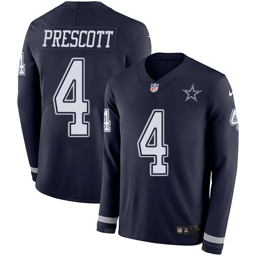 Cowboys #4 Dak Prescott Navy Blue Team Color Youth Stitched Limited Therma Long Sleeve Jersey