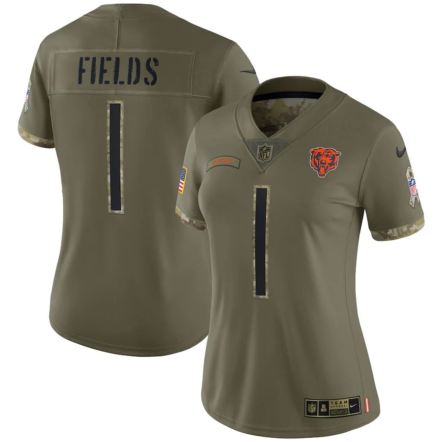 Chicago Bears #1 Justin Fields Women's 2022 Salute To Service Limited Jersey - Olive
