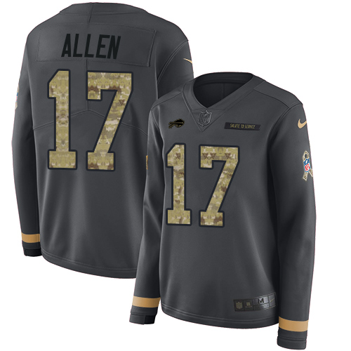 Bills #17 Josh Allen Anthracite Salute To Service Women's Stitched Limited Therma Long Sleeve Jersey