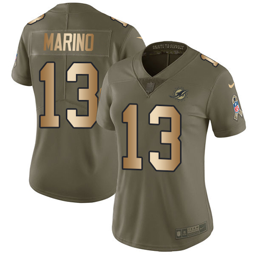 Dolphins #13 Dan Marino Olive/Gold Women's Stitched Limited 2017 Salute To Service Jersey
