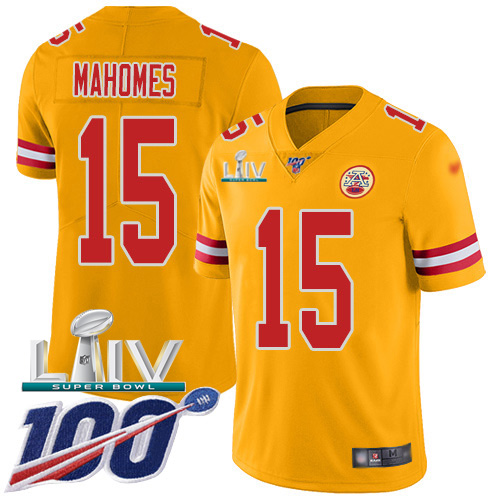 Chiefs #15 Patrick Mahomes Gold Super Bowl LIV 2020 Youth Stitched Limited Inverted Legend 100th Season Jersey