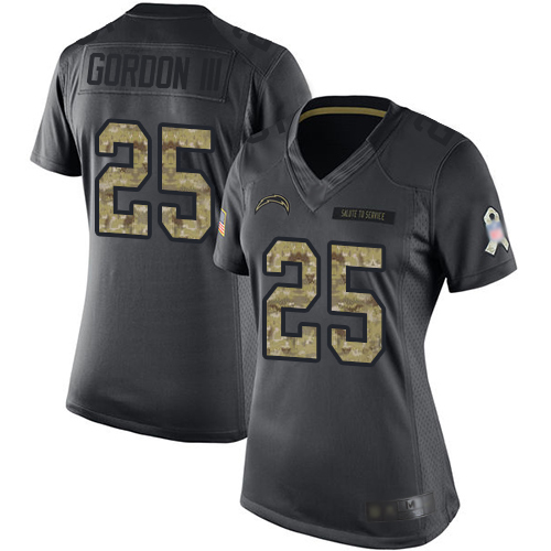 Los Angeles Chargers #25 Melvin Gordon III Black Women's Stitched Limited 2016 Salute to Service Jersey Womens