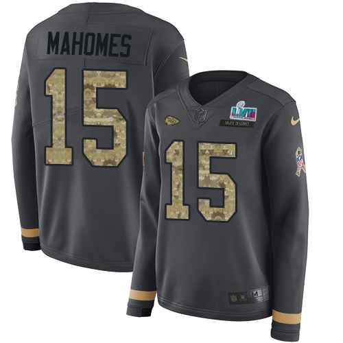 Chiefs #15 Patrick Mahomes Anthracite Super Bowl LVII Patch Salute To Service Women's Stitched Limited Therma Long Sleeve Jersey
